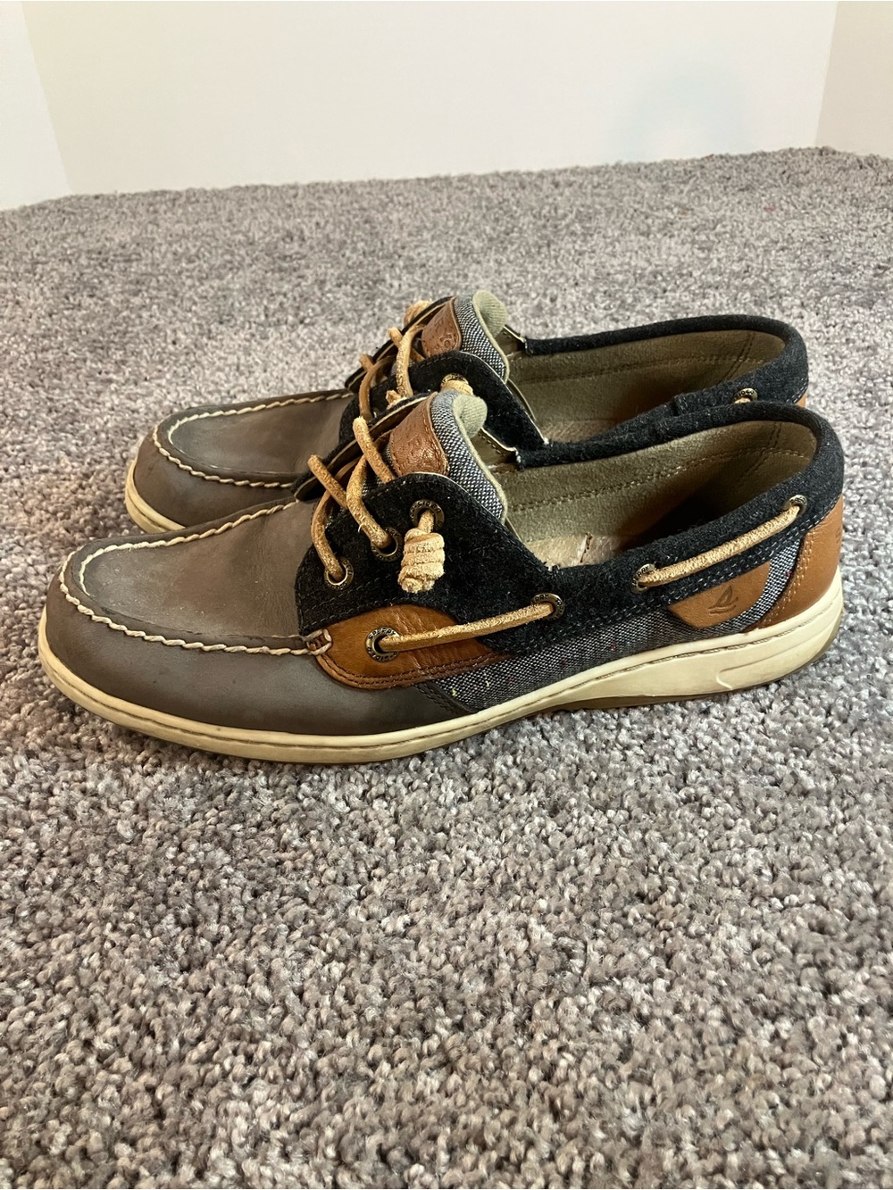 Sperry Songfish 3-Eye Boat Shoes Women’s Size 8 Gray Leather Blue Denim